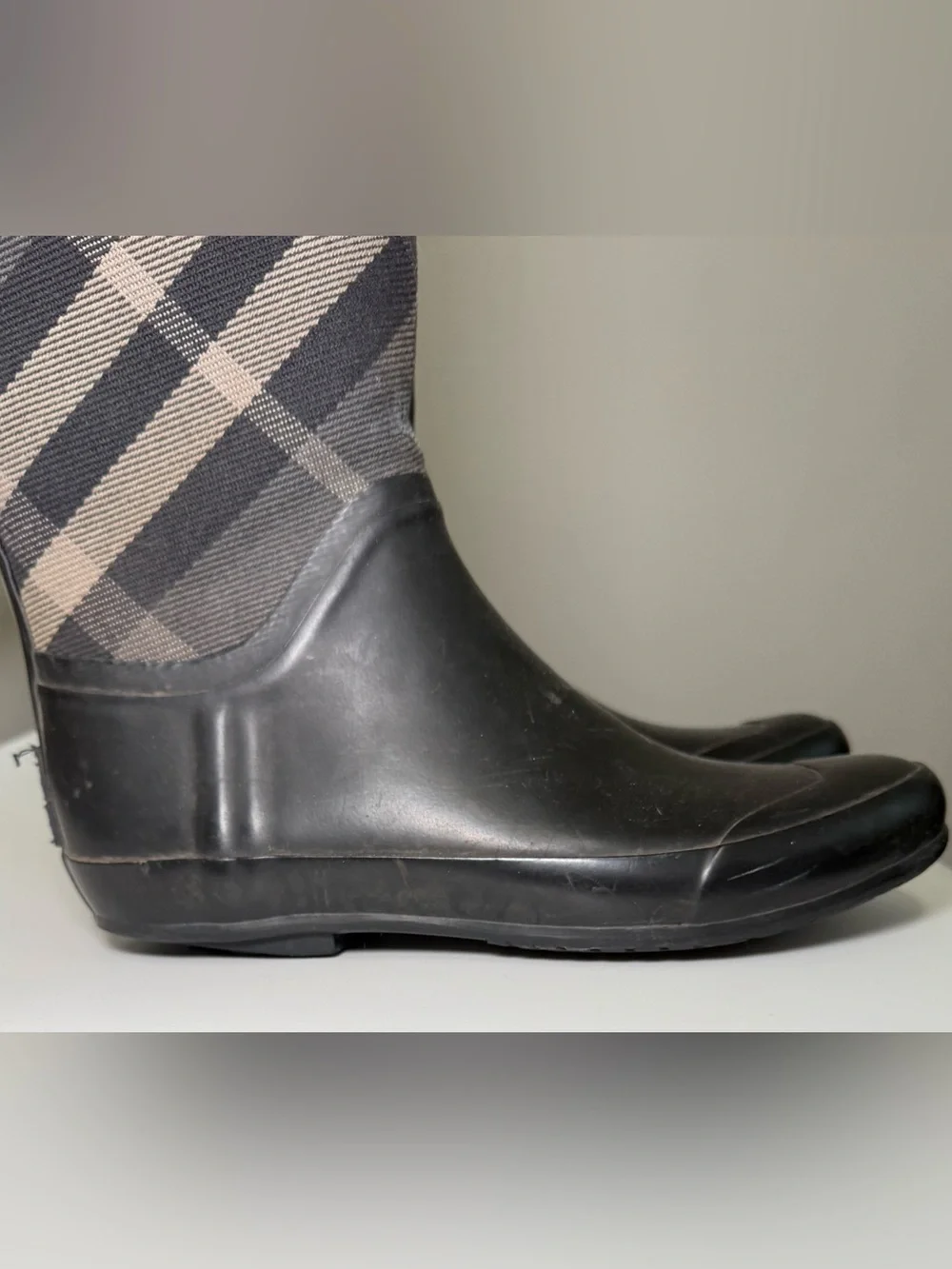 Burberry Black and Beige Plaid Over-the-Knee Rain Boots